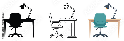 Homework Corner Icons, a vector collection of three desk, chair, and lamp icons available in monochrome, black-and-white outline, and full-color flat illustrations ideal for study and education 