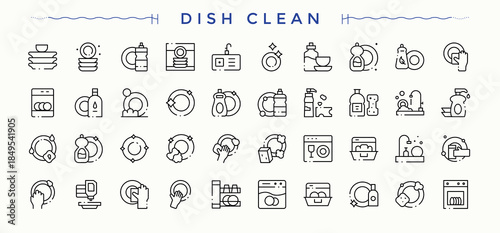 Dish Clean icon set. Icons for application. Editable stroke. Vector collection. Hygiene icon set. Included washing, bath, house, dish, utensil and more.