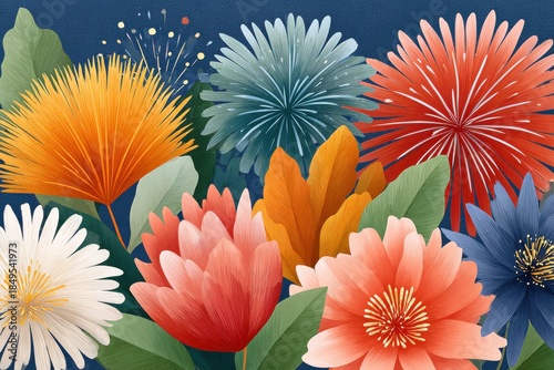 Colorful tropical flowers on a navy blue background with vibrant petals and lush leaves