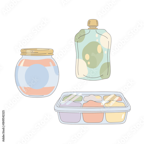 Baby food storage containers set. Hand drawn vector illustration of puree jar, squeeze pouch and freezer tray. Isolated on transparent background