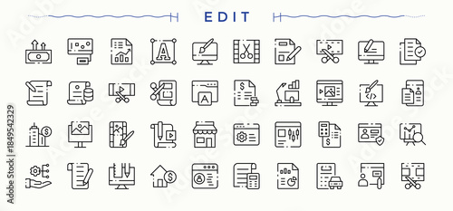 Edit icon collection. Formatting icon set. Minimalist icons collection. Includes thin line symbols adjustable, update, writer, formatting, editor, adjust. Vector illustration.