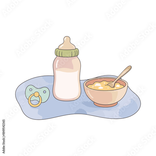 A vector illustration of baby feeding essentials. Cartoon set with a milk bottle, a bowl of porridge, and a pacifier. Isolated graphic for childcare and parenting concepts