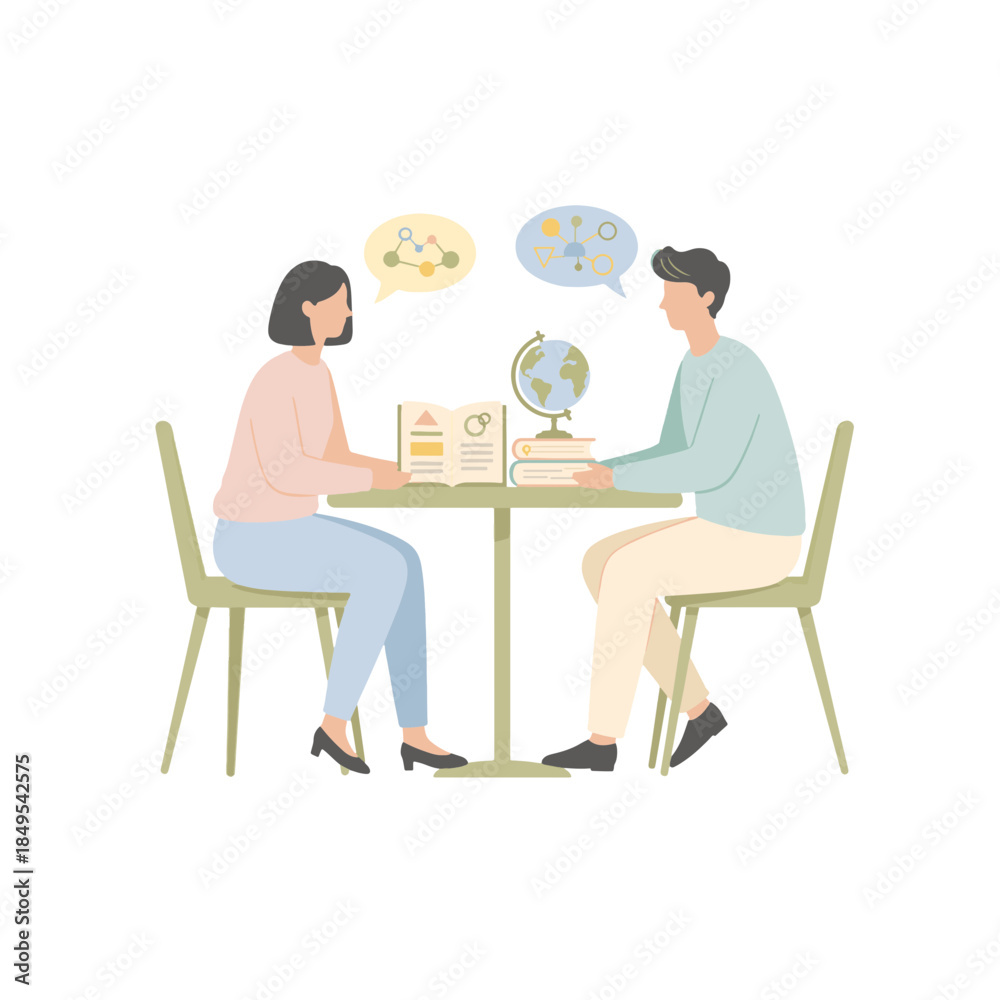 Fototapeta premium Man and woman studying with books and a globe. Flat design vector illustration of tutoring, learning, and education.
