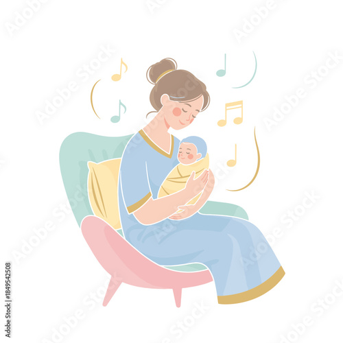A flat vector style illustration of a mother singing a lullaby to her newborn baby. Motherhood and parenting concept. Gentle cartoon graphic isolated on a transparent background
