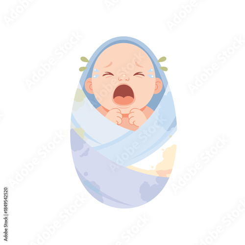 Flat vector style illustration of a newborn baby's first cry. A swaddled infant character expressing emotion. Cartoon graphic isolated on a transparent background