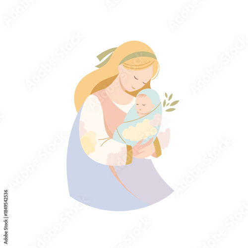 Flat vector style illustration of a mother holding a newborn baby. Motherhood and maternal love concept. Gentle graphic for Mother's Day or birth announcements