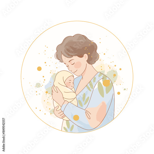 Mother and newborn baby vector illustration. A gentle hand-drawn graphic celebrating motherhood and parental bonding. Isolated design element