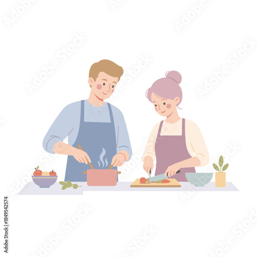 Young couple preparing food together. Man stirring a pot and woman chopping vegetables in a kitchen. Flat vector illustration.