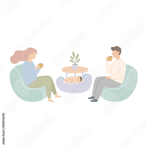 A young family relaxing at home with a newborn baby. Parents drinking coffee while the infant sleeps. Flat design vector illustration