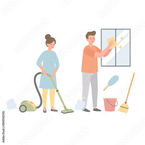 A couple cleaning the house together. Flat vector illustration of people doing housework and domestic chores. Teamwork concept with cleaning supplies
