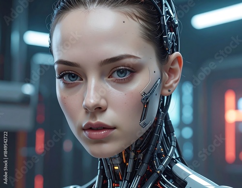 Close-up of a human-like cyborg with blue eyes and mechanical details