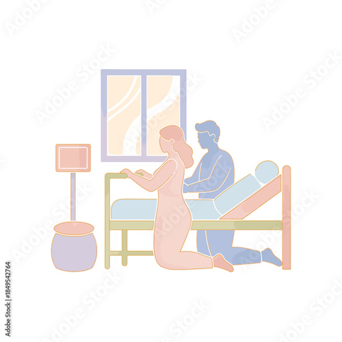 Woman in labor supported by man in hospital room. Flat vector illustration. Maternity and childbirth concept