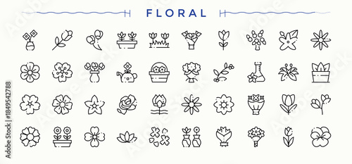 Floral icon set. Flower thin line icons set. Perfect for logos and infographic. Flora icon pack. Editable vector stroke.