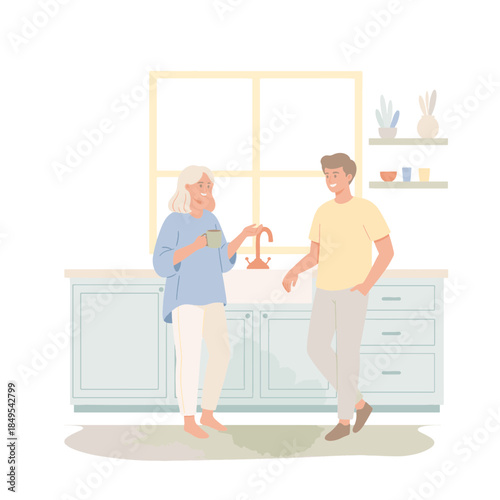 Flat design vector illustration of people talking in kitchen. Domestic life and conversation concept. Isolated on transparent background