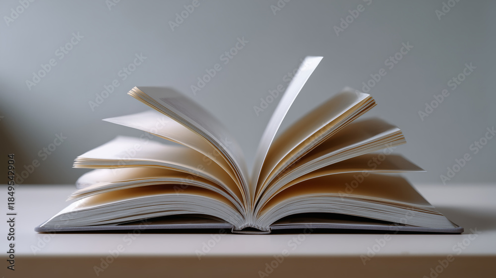 Obraz premium Open book with blank pages resting on a wooden surface, showcasing a calm and serene reading atmosphere for knowledge and creativity