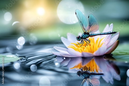 Beautiful Blue Dragonfly Resting on Purple Lotus Flower with Bokeh Water Background