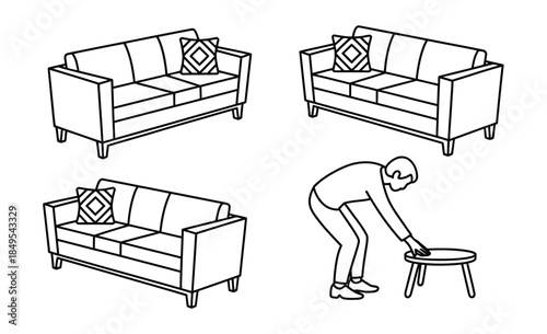 Simple Line Art Illustration of Home Furniture Assembly, featuring sofas and a woman arranging furniture in clean vector style for interior design
