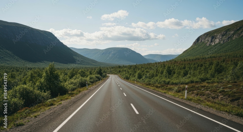 Fototapeta premium Empty highway winds through green mountains