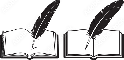 Quill feather with book silhouette writing history knowledge