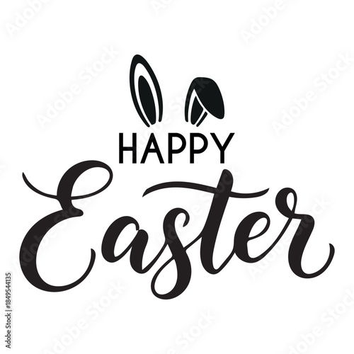 Happy easter calligraphic text with cute bunny ears illustration on a white background