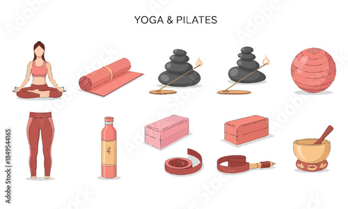 Flat illustration of ten pink and reddish yoga and pilates items on white