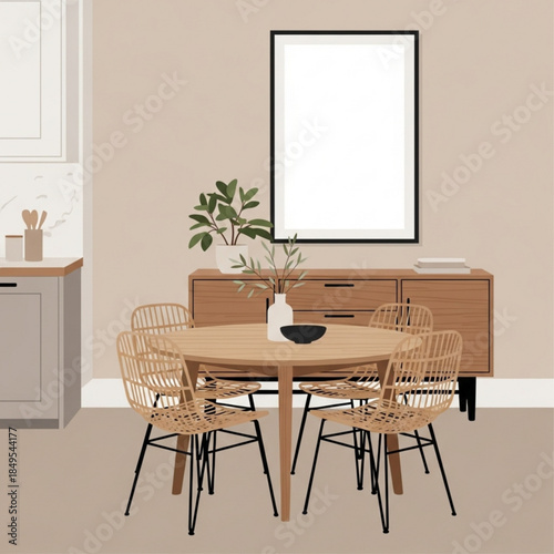 Modern dining room with round wooden table rattan chairs and sideboard interior design mockup for home decor and lifestyle
