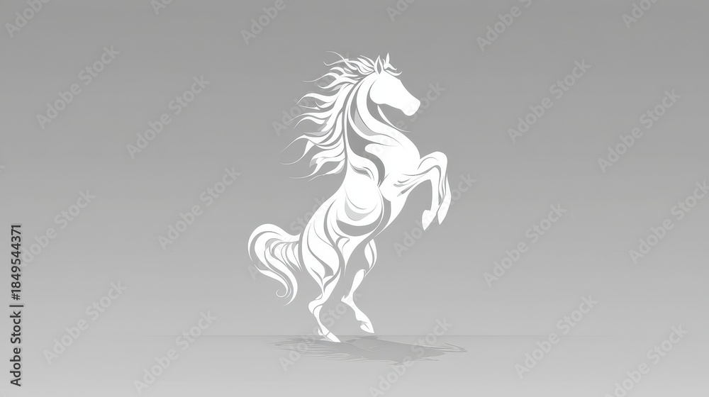 Fototapeta premium A rearing white horse silhouette with flowing mane and tail, against a soft gray backdrop. It is stylized, showing motion