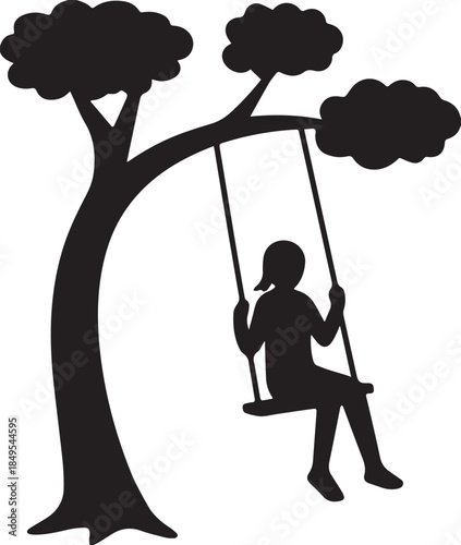 Silhouette girl on a swing under tree vector illustration