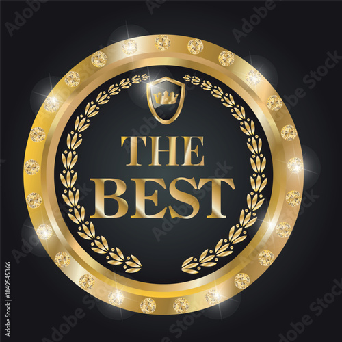  The "Best" badge with gold edging and diamonds. Vector drawing of a round emblem with the inscription The Best, on a dark background.