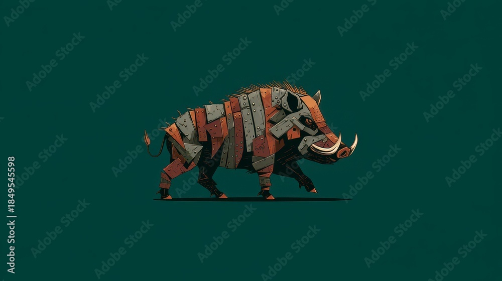 Obraz premium Stylized depiction of a boar, constructed from geometric shapes in earthy tones against a deep teal background. The animal walks rightward