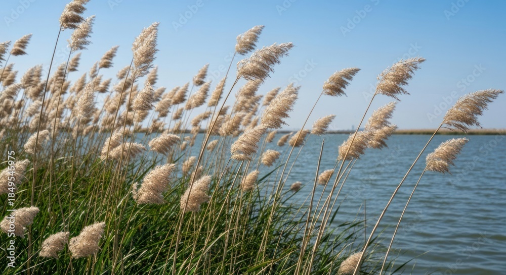 Fototapeta premium Fluffy reeds sway by a still river