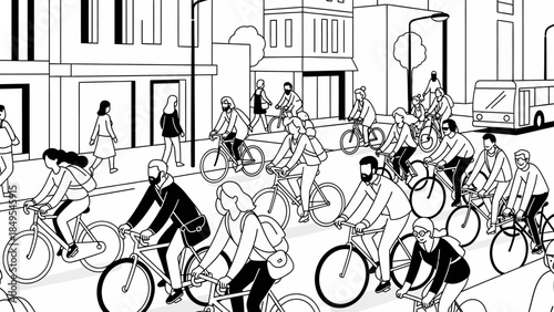 Vintage hand drawn vector illustration of a woman and people walking on a retro city street sketch art