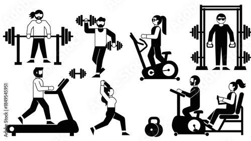 Vector illustration set of black stick figure silhouettes featuring a man and woman engaging in business, fitness, and running sport pictograms