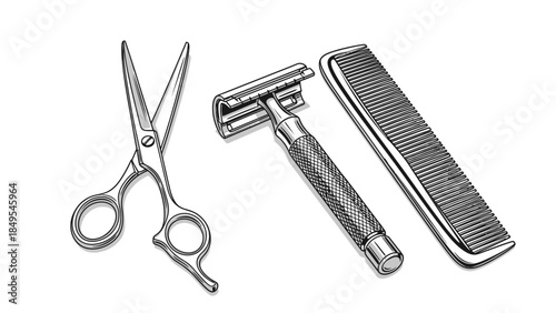 A set of metal tools including scissors, pliers, a wrench, and manicure tools isolated on a white background