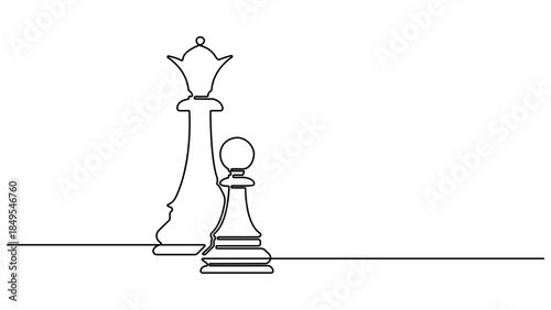 Hand drawn pawn and Queen chess piece vector. One line continuous drawing. Board game illustration. World chess day. Queen and pawn. Minimal print, banner, card, wall art poster, logo, sign, symbol.