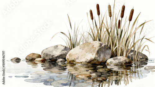 Quiet Lake Rocks Rocks & Reflection isolated watercolor vector illustration svg