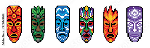 Six colorful pixel art tribal masks with intricate geometric patterns are arranged in a row, showcasing a retro 8-bit video game aesthetic and cultural symbolism