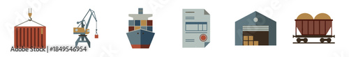 Flat vector icon set for logistics and freight, featuring a shipping container, port crane, cargo vessel, customs document, warehouse storage, and a railroad freight car
