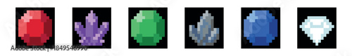 Collection of colorful pixel art gemstones and crystals in a retro 8-bit video game style, featuring various shapes and colors for fantasy game assets or user interface icons