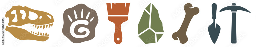 Naklejka premium Set of paleontology and archaeology icons featuring a dinosaur skull, ammonite fossil, bone, stone tool, brush, and excavation tools in a flat, minimalist vector style illustration