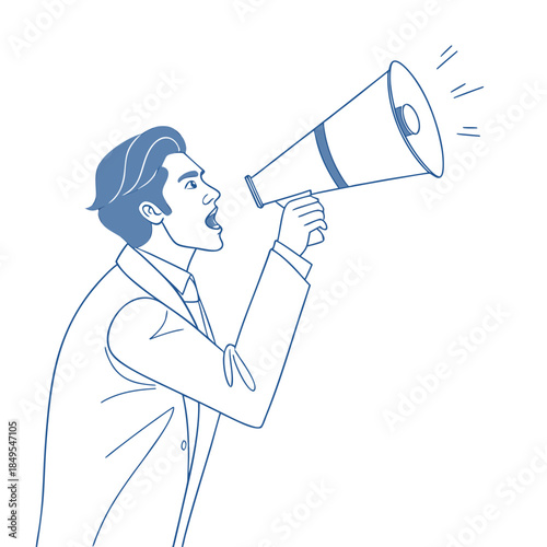 Man Speaking Into a Megaphone: A dynamic illustration captures a man emphatically speaking into a megaphone, his words amplified, conveying a sense of announcement and authority.