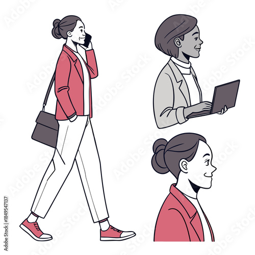 Modern woman portrait set: This image presents a series of illustrations capturing the modern professional woman in different scenarios, featuring her engagement with technology and communication. 