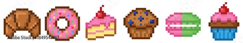 Collection of six pixel art dessert icons including a croissant, donut, cake, muffin, macaron, and cupcake in a colorful retro 8-bit video game style illustration