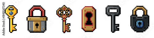 Pixel art set of various keys and padlocks in a retro 8-bit video game style, featuring ornate golden keys, a simple grey lock, and a keyhole for a fantasy or adventure quest