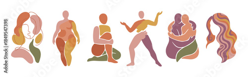 Set of abstract female figures and silhouettes in a minimalist style with warm, earthy colors, celebrating body positivity, diversity, and self-love through various poses