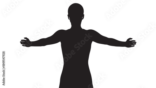 Silhouette of a person with outstretched arms in dramatic pose with high contrast lighting on isolated white background for wellness