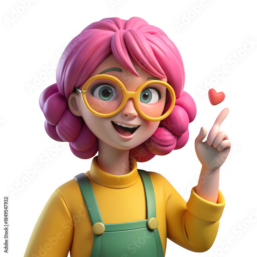 3d Cute girl with pink hair glasses isolated isolated on transparent background