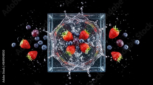 Tableau sur toile High-Speed Fruit Splash: Strawberries and Blueberries in Dark Water Tank