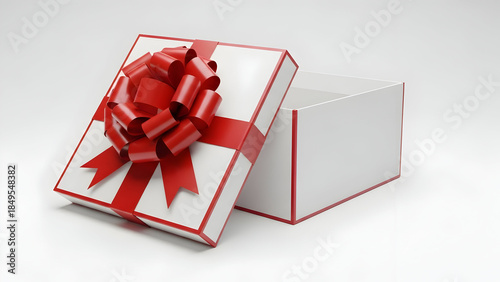 White gift box with red ribbon and bow