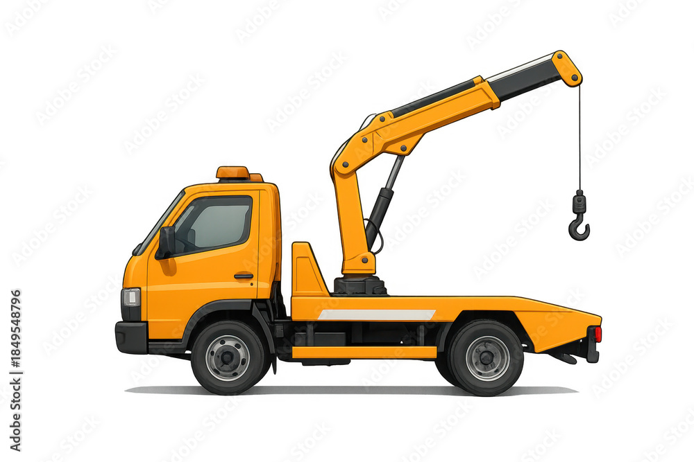 Naklejka premium Yellow tow truck with crane lifting hook, transparent background